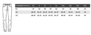 Mackane clothing, jeans, size chart